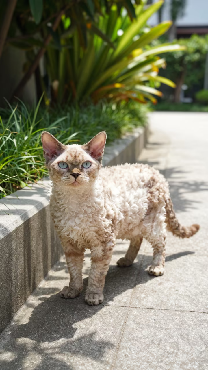 Selkirk Rex Cat Curled Coat Garden Edge in near a garden edge with soft morning light and an uncluttered background near Shah Faisal Town