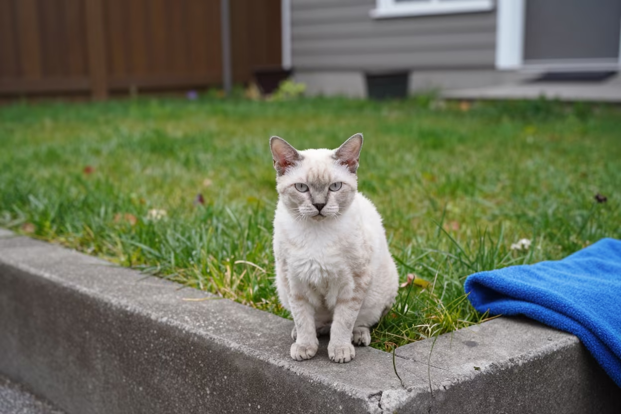 Selkirk Rex Cat Curled Coat in Fredericton Yard in in a small yard with clipped grass, calm light, and the animal centered in frame in Fredericton