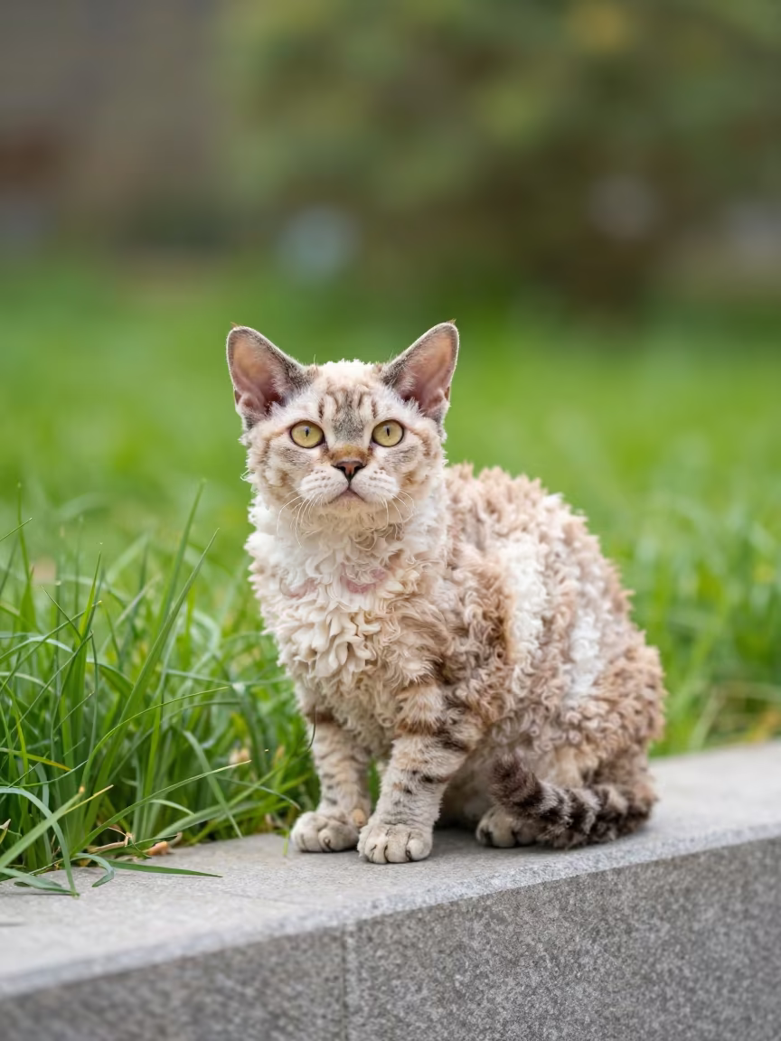 Selkirk Rex Cat Curled Fur Garden Edge in near a garden edge with soft morning light and an uncluttered background near Potchefstroom