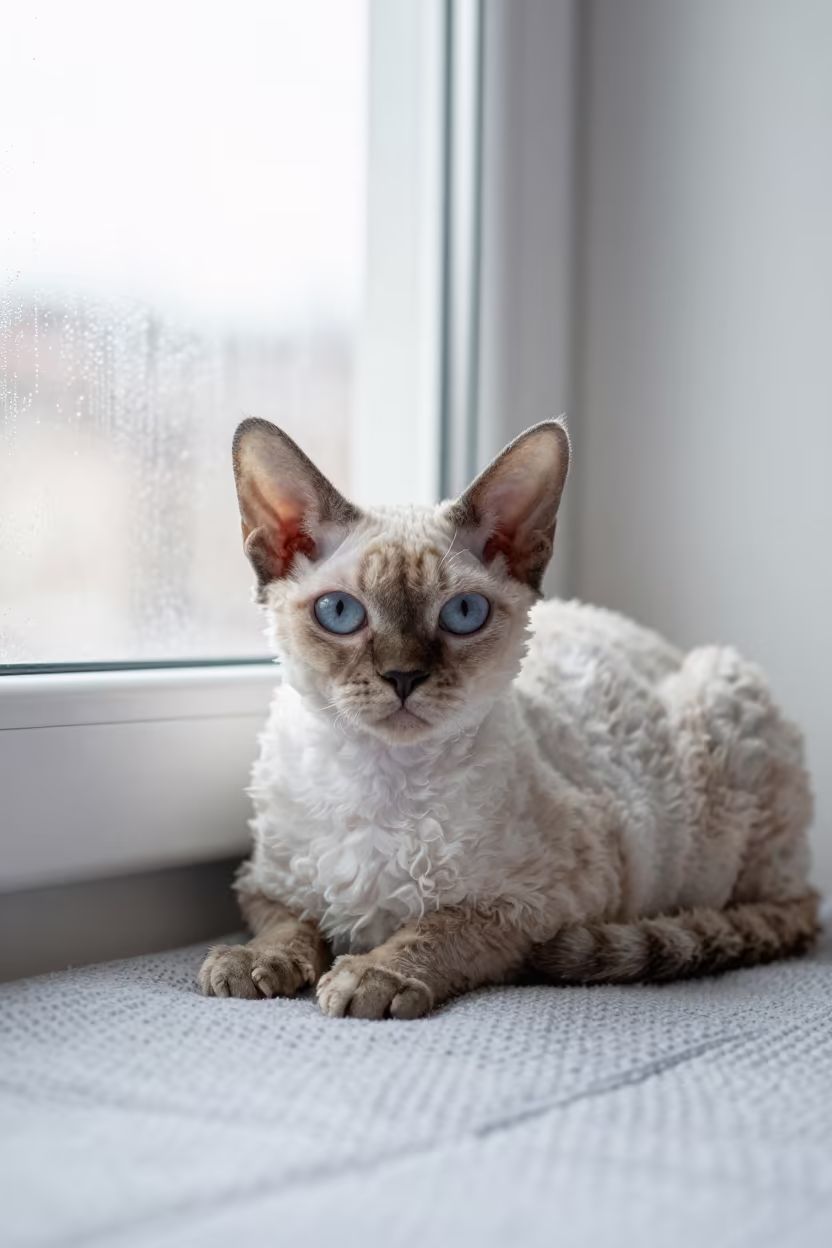 Selkirk Rex Cat Curled Fur Window Light in on a bedspread near a bright window with calm indoor light in Trabzon