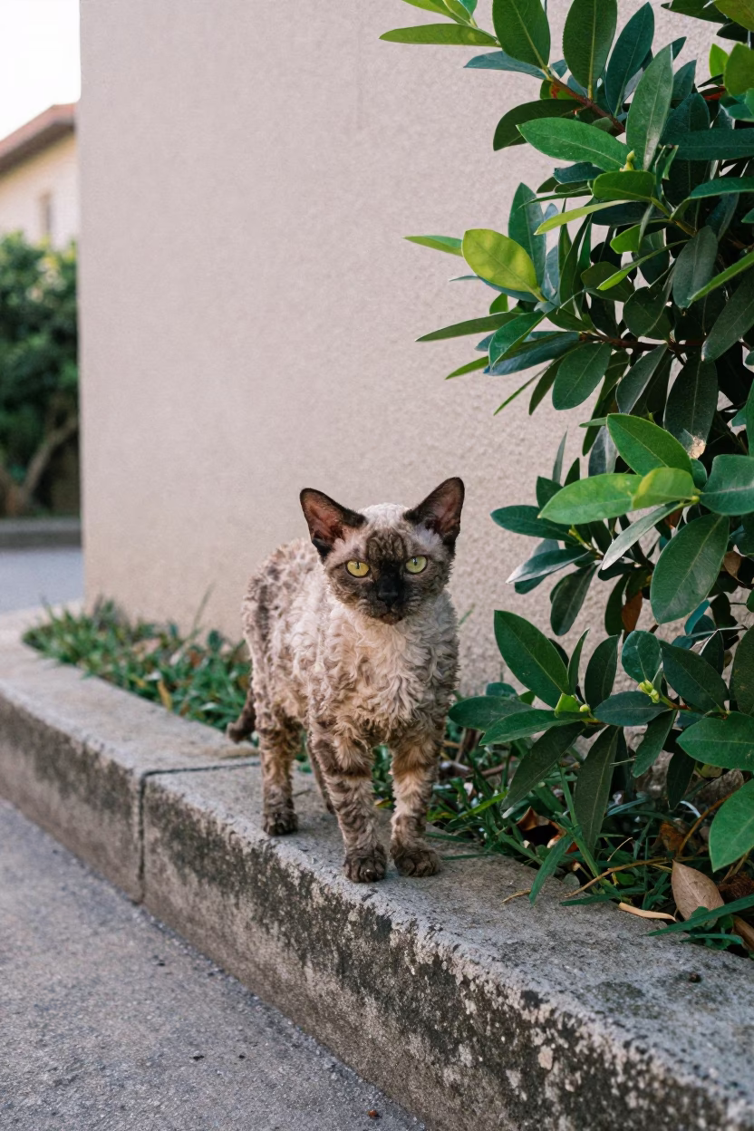 Selkirk Rex Cat Garden Edge Morning Light Setif in near a garden edge with soft morning light and an uncluttered background in Setif