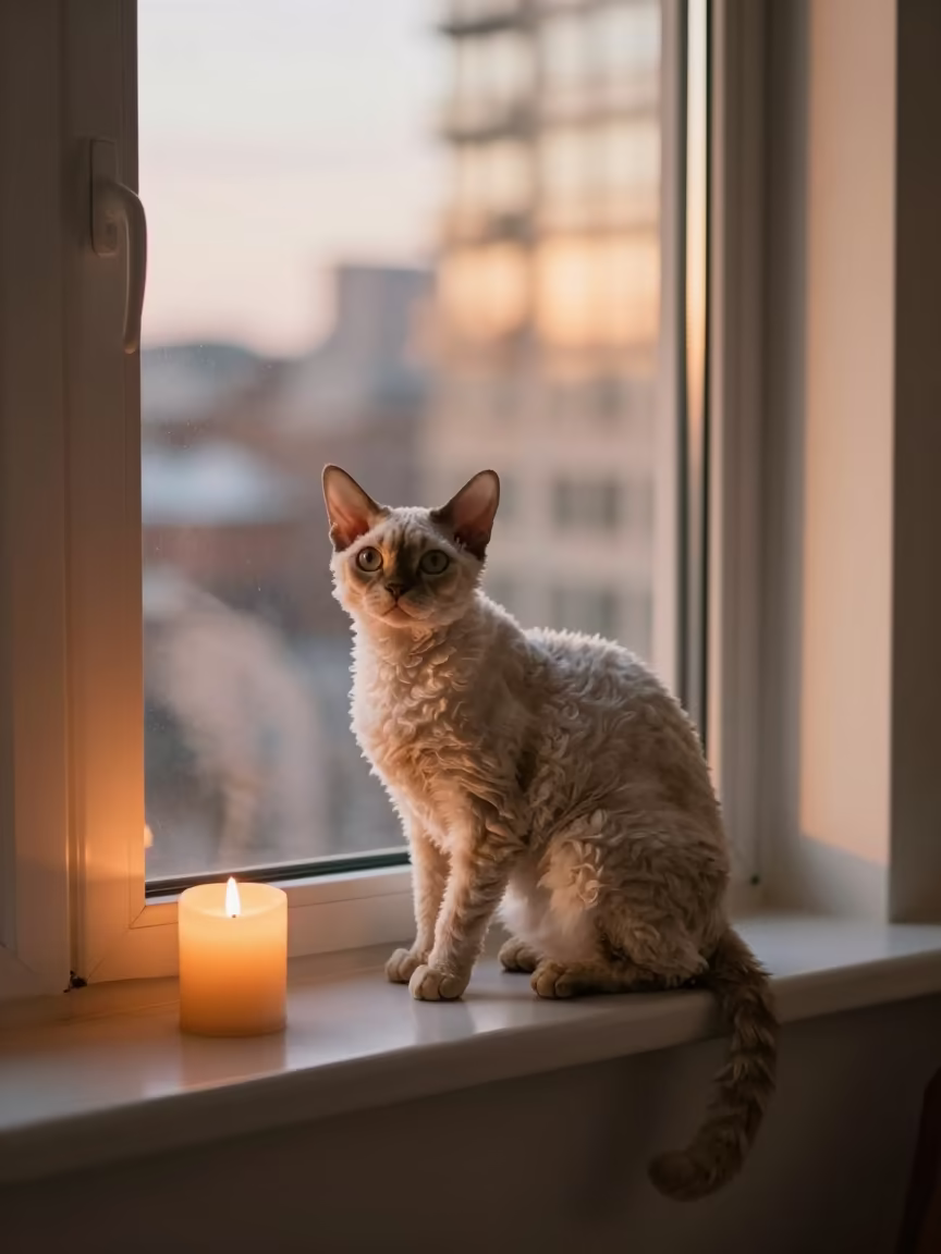 Selkirk Rex Cat Golden Hour Window Seat in on a window seat in a quiet apartment with soft side light in Toronto