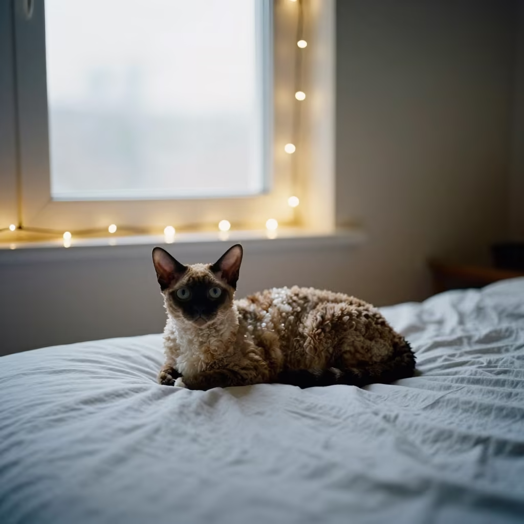 Selkirk Rex Cat Lounging on Bedspread in Prayagraj in on a bedspread near a bright window with calm indoor light near Prayagraj