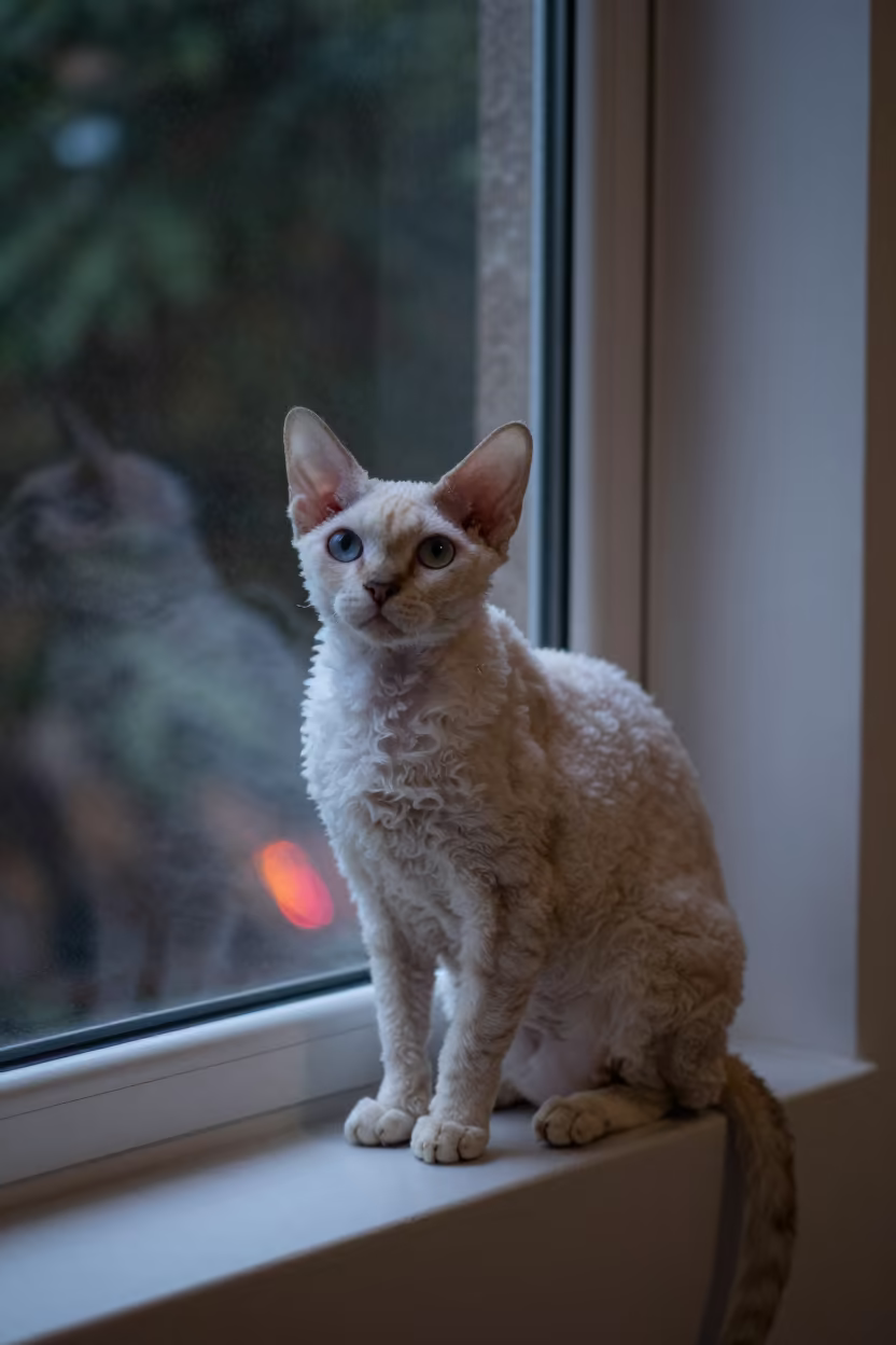 Selkirk Rex Cat Lounging on Window Seat in on a window seat in a quiet apartment with soft side light in Can Tho