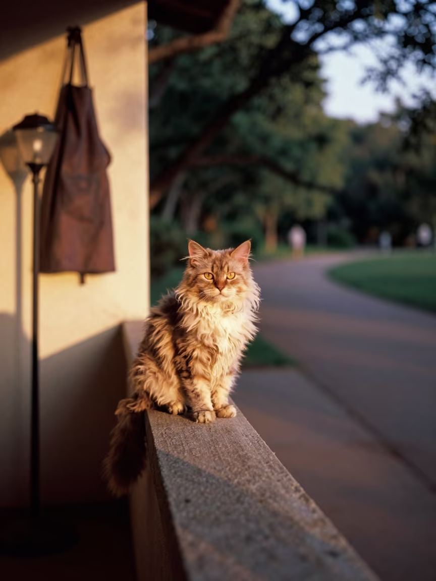 Selkirk Rex Cat on Pisco Porch in Evening Light in along a quiet park path with soft open shade and a clean background near Pisco