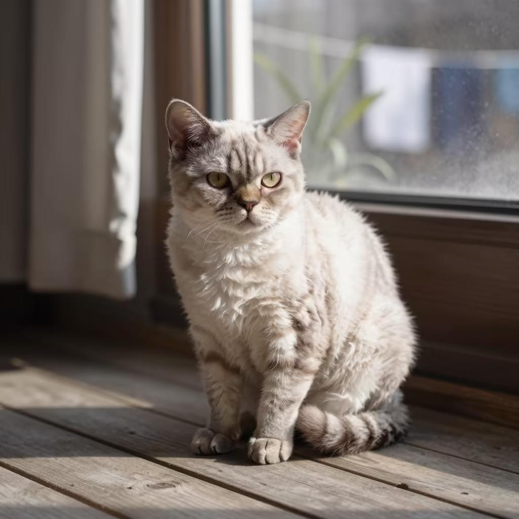 Selkirk Rex Cat on Shaded Daegu Porch in on a shaded front porch with boards, railings, and eye-level framing in Daegu