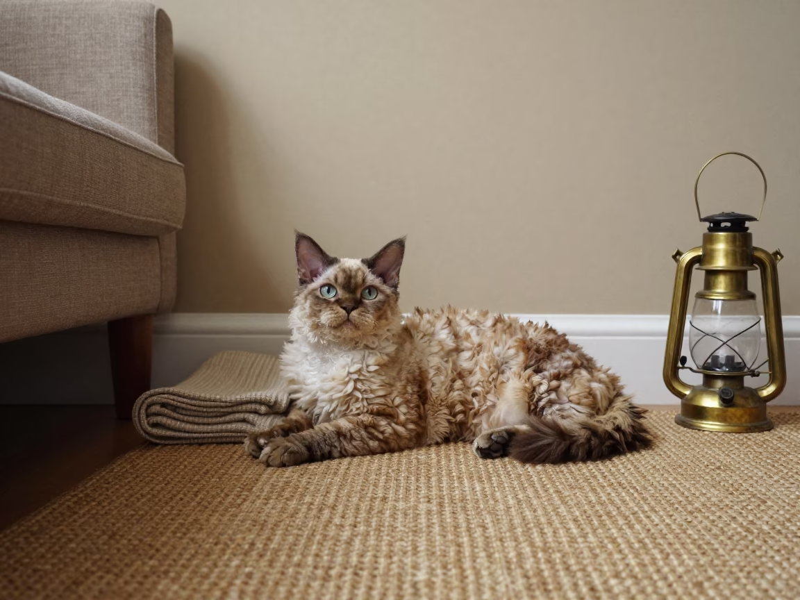 Selkirk Rex Cat on Woven Rug in Maradi in on a woven rug beside a low couch and an uncluttered wall in Maradi