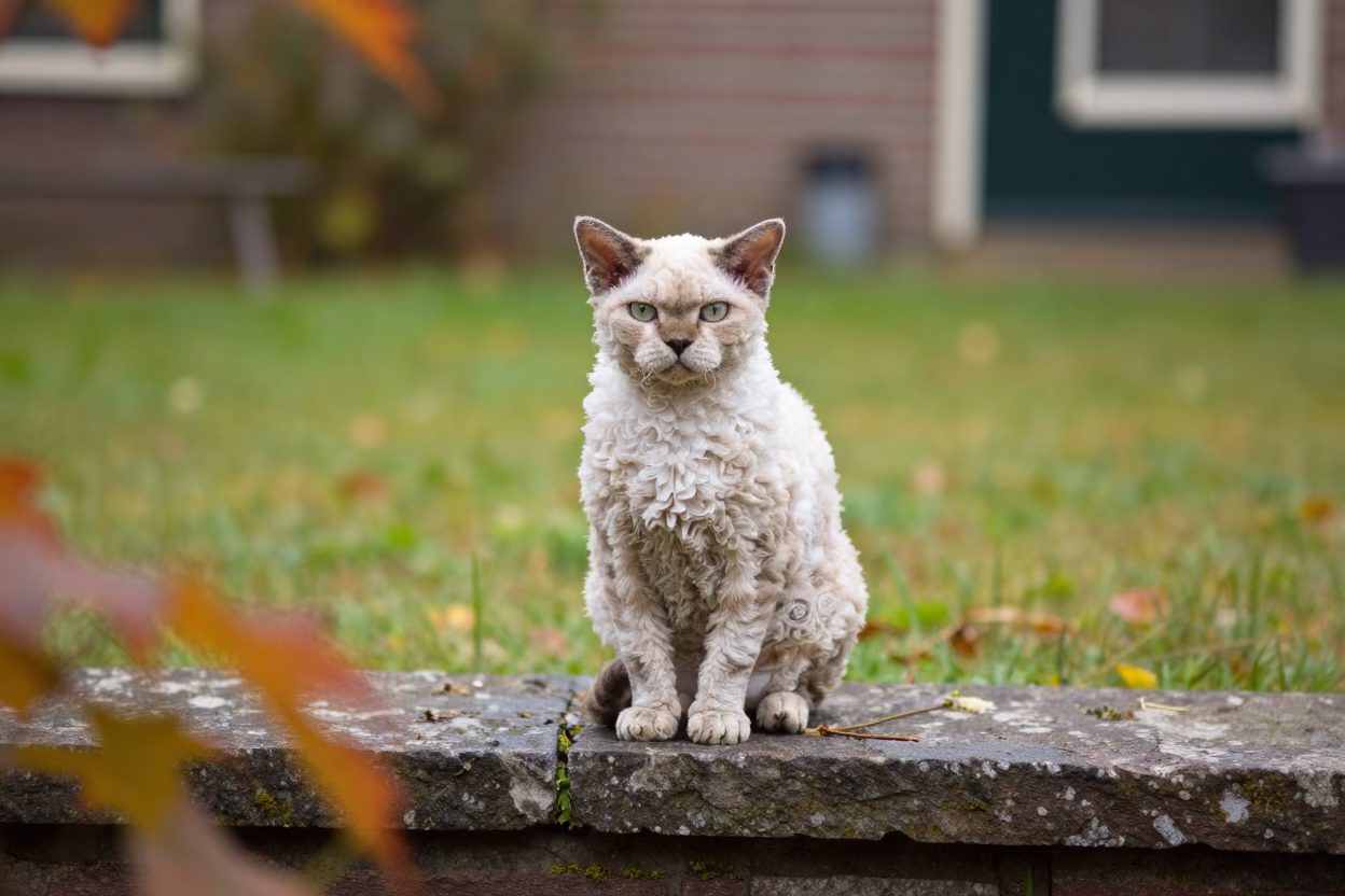 Selkirk Rex Cat Portrait in Dutch Yard in in a small yard with clipped grass, calm light, and the animal centered in frame near Delft