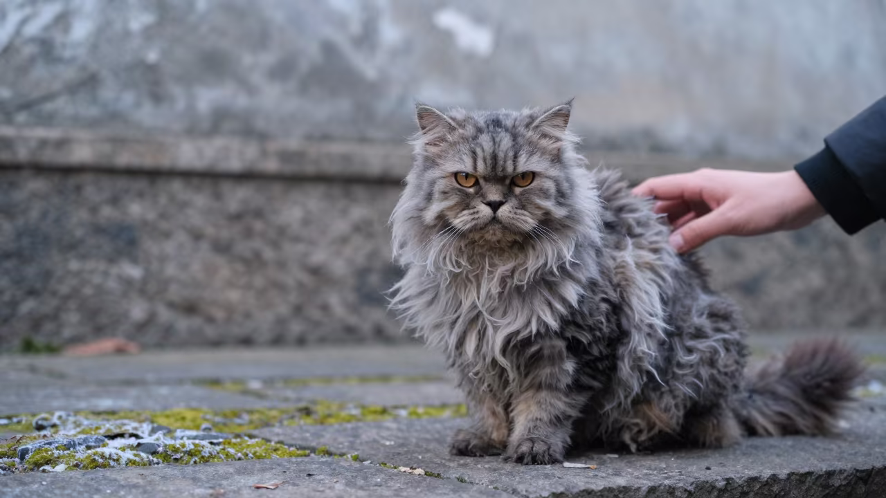 Selkirk Rex Cat Portrait in Suzhou Courtyard in beside a plain courtyard wall in clear daylight with the animal at eye level near Suzhou