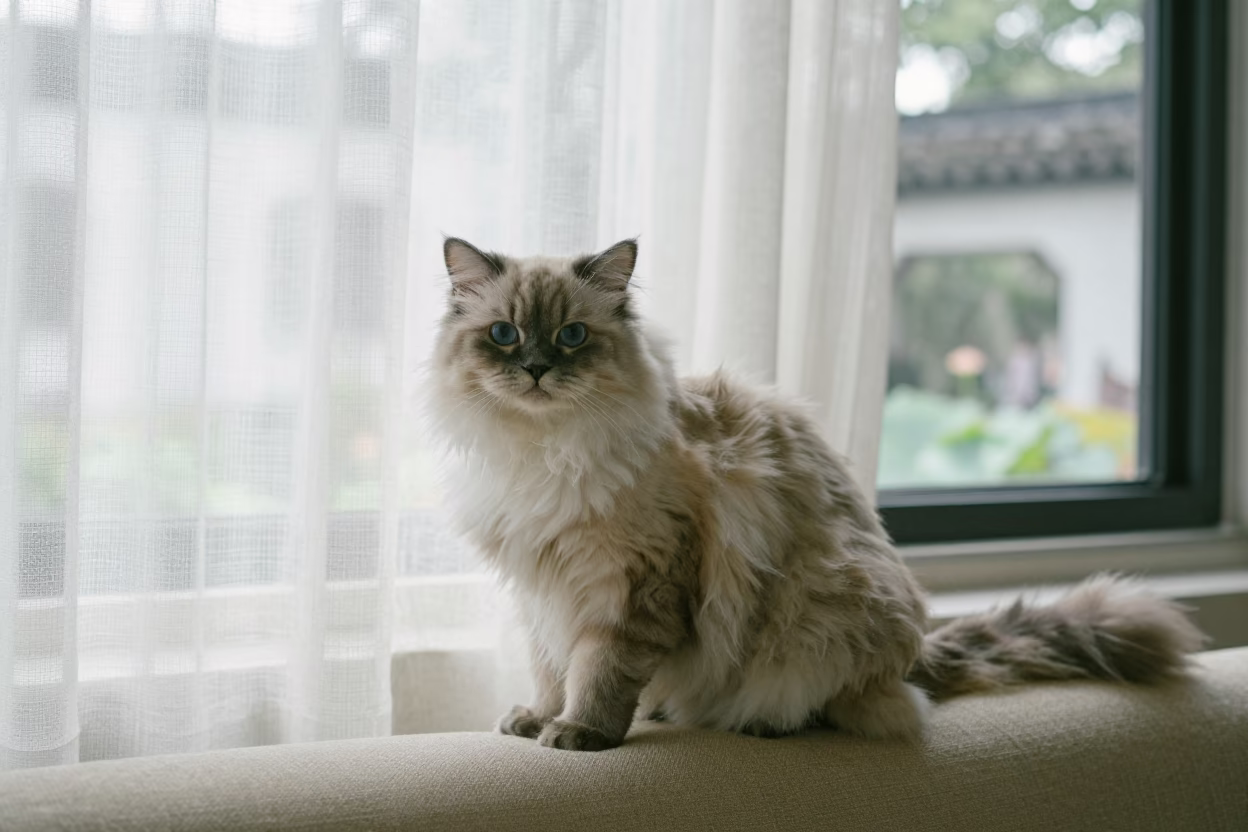 Selkirk Rex Cat Portrait on Suzhou Sofa in on a sofa near a curtained window with calm indoor light near Suzhou