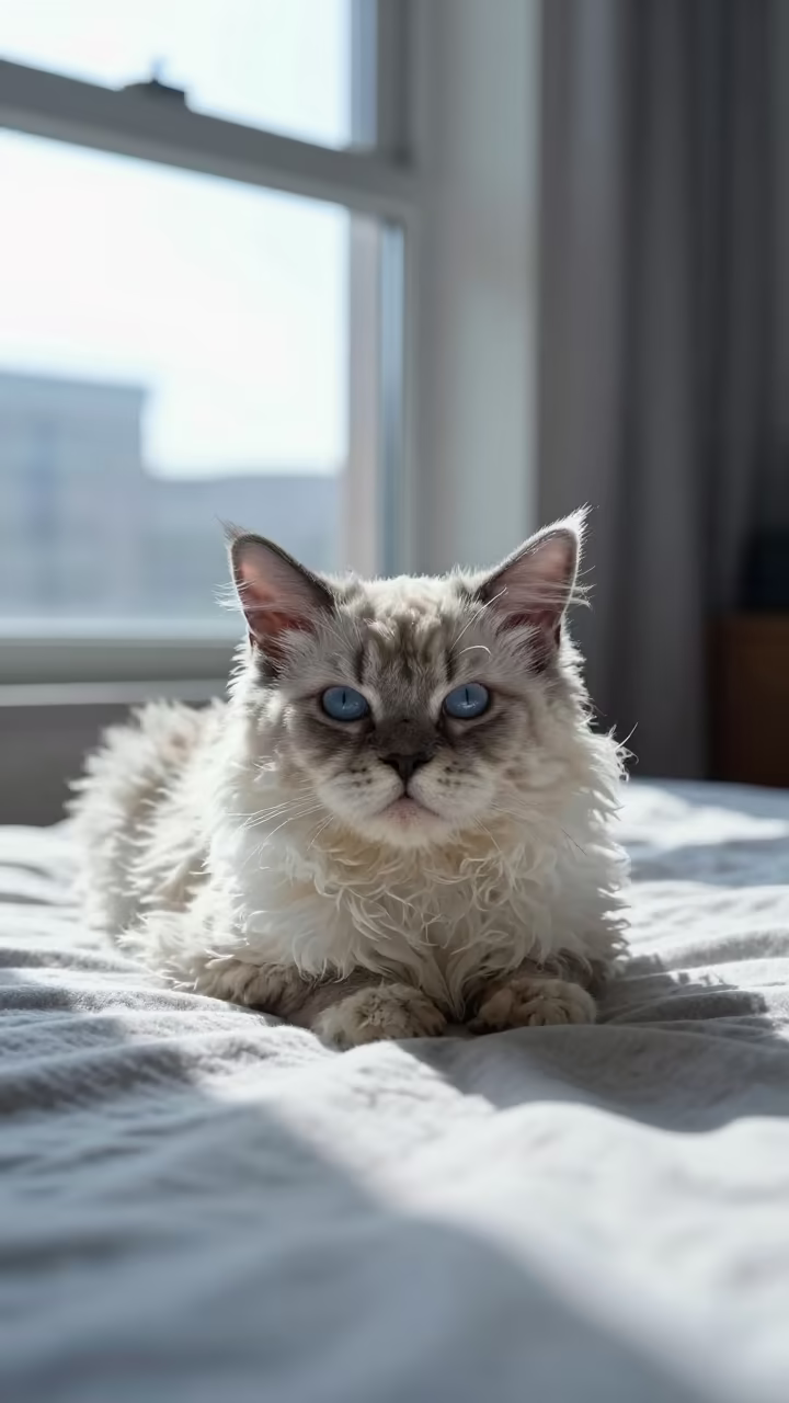 Selkirk Rex Longhair Cat Lounging by North Window in on a bedspread near a bright window with calm indoor light near Vellore