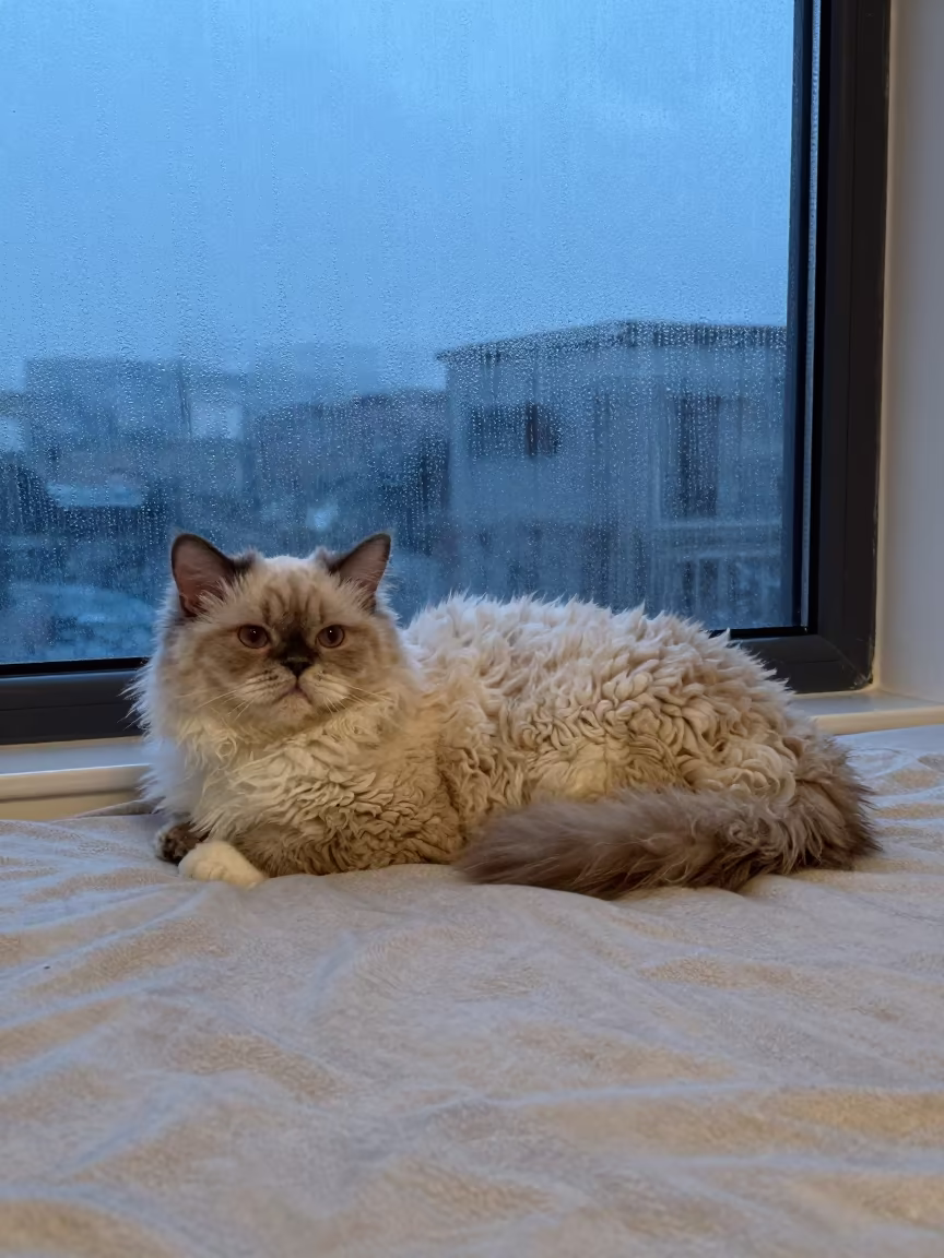 Selkirk Rex Longhair Cat on Bedspread Near Window in on a bedspread near a bright window with calm indoor light in Thane