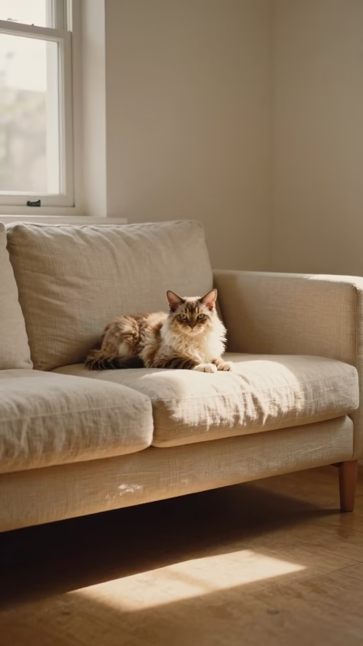 Selkirk Rex Longhair Cat on Linen Sofa at Dawn in on a linen sofa with daylight from a nearby window near Leme