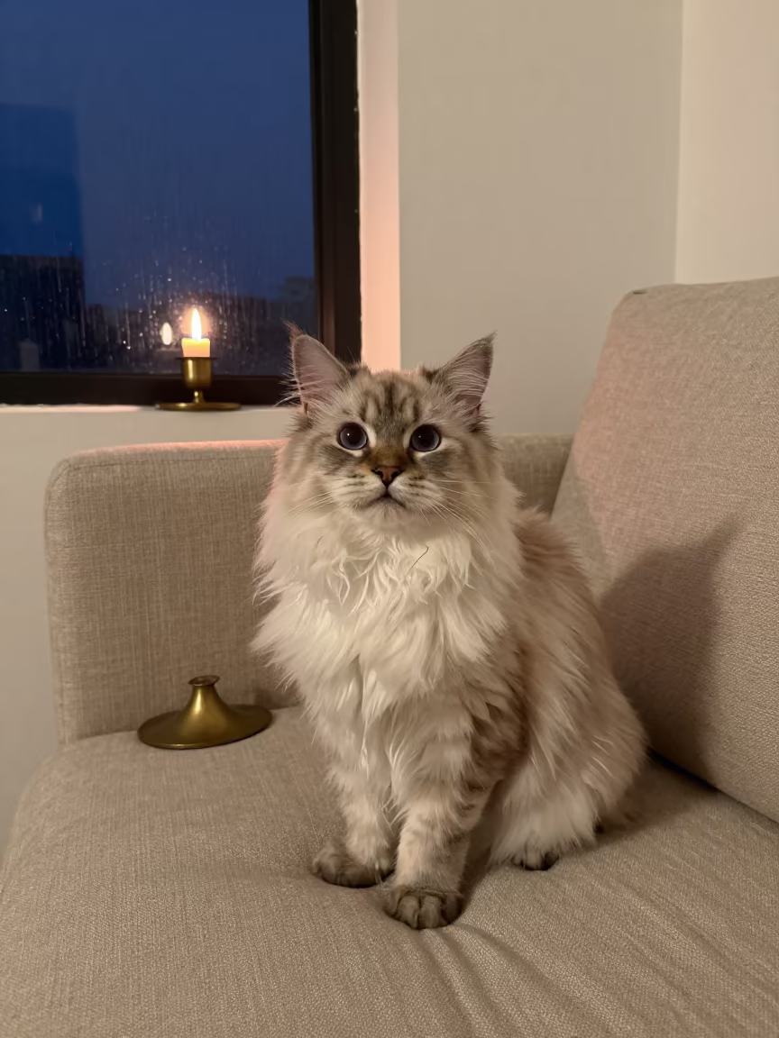 Selkirk Rex Longhair Cat on Linen Sofa in on a linen sofa with daylight from a nearby window near Cúcuta
