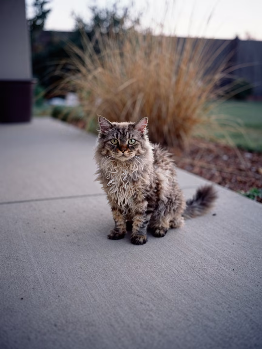 Selkirk Rex Longhair Cat on Phoenix Porch in near a garden edge with soft morning light and an uncluttered background in Phoenix