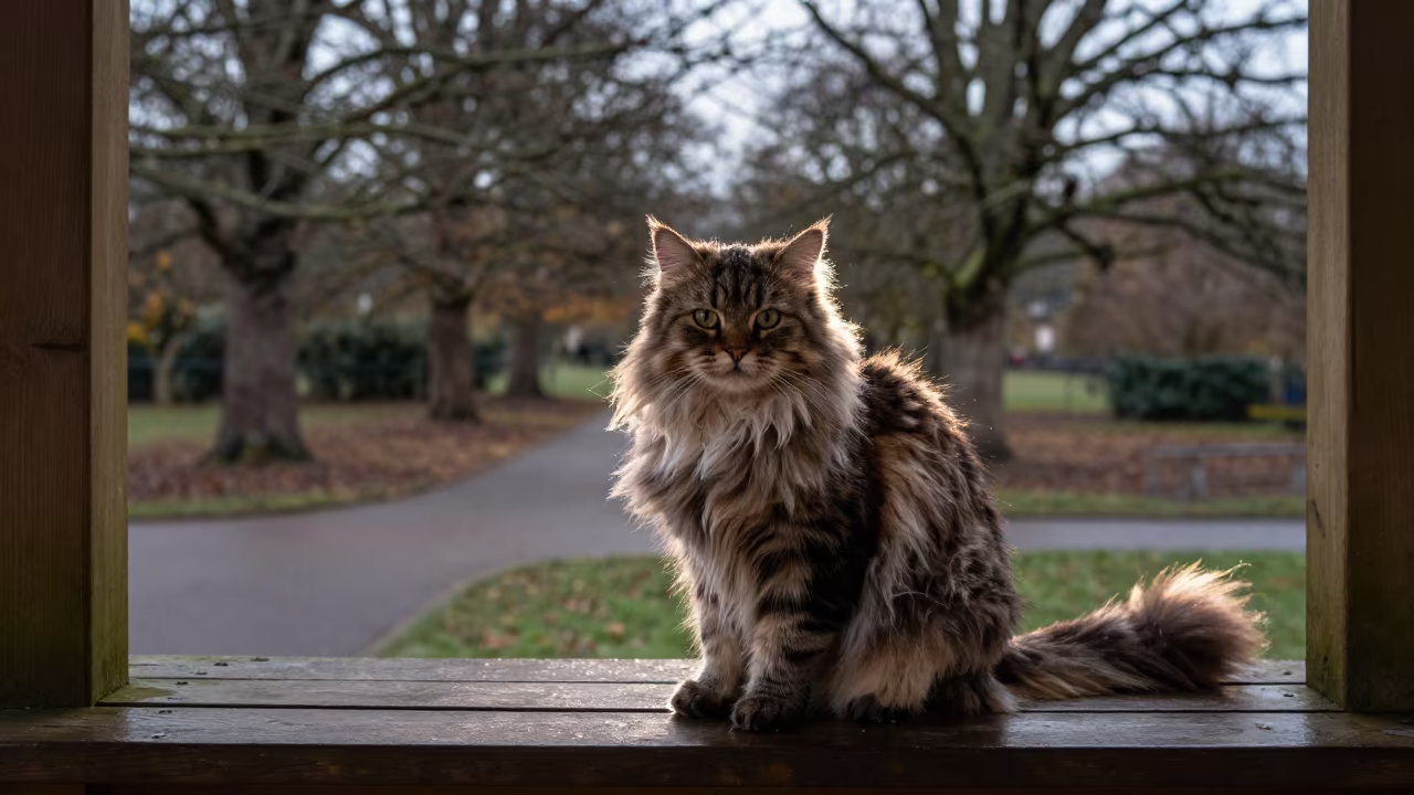 Selkirk Rex Longhair Cat on Shaded Dawn Porch in along a quiet park path with soft open shade and a clean background in Kingston upon Hull