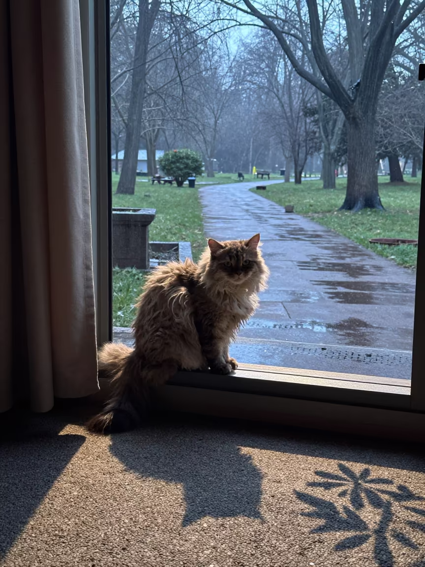 Selkirk Rex Longhair Cat on Shaded Porch in Winter Dawn in along a quiet park path with soft open shade and a clean background in Lucknow