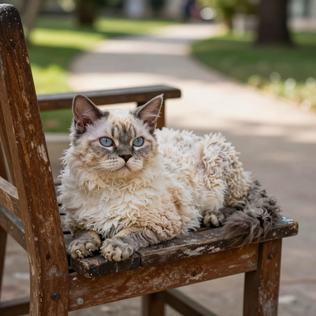 Selkirk Rex Longhair Cat on Shaded Porch in along a quiet park path with soft open shade and a clean background near Mostaganem
