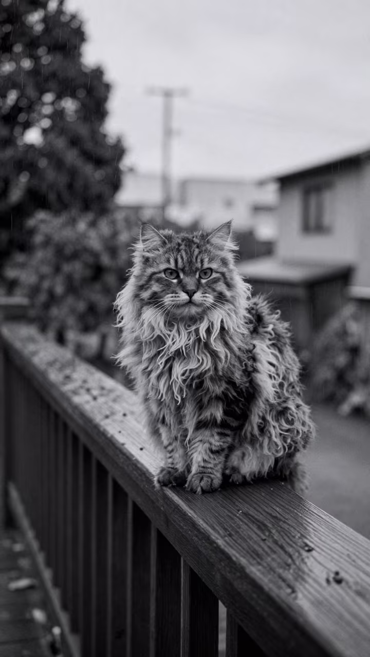 Selkirk Rex Longhair Cat on Tokyo Porch Twilight in near a garden edge with soft morning light and an uncluttered background near Shinjuku, Tokyo