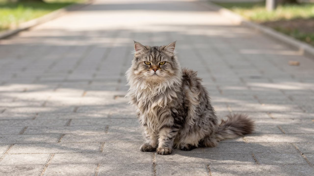 Selkirk Rex Longhair Cat Portrait Ait Melloul Park in along a quiet park path with soft open shade and a clean background near Ait Melloul