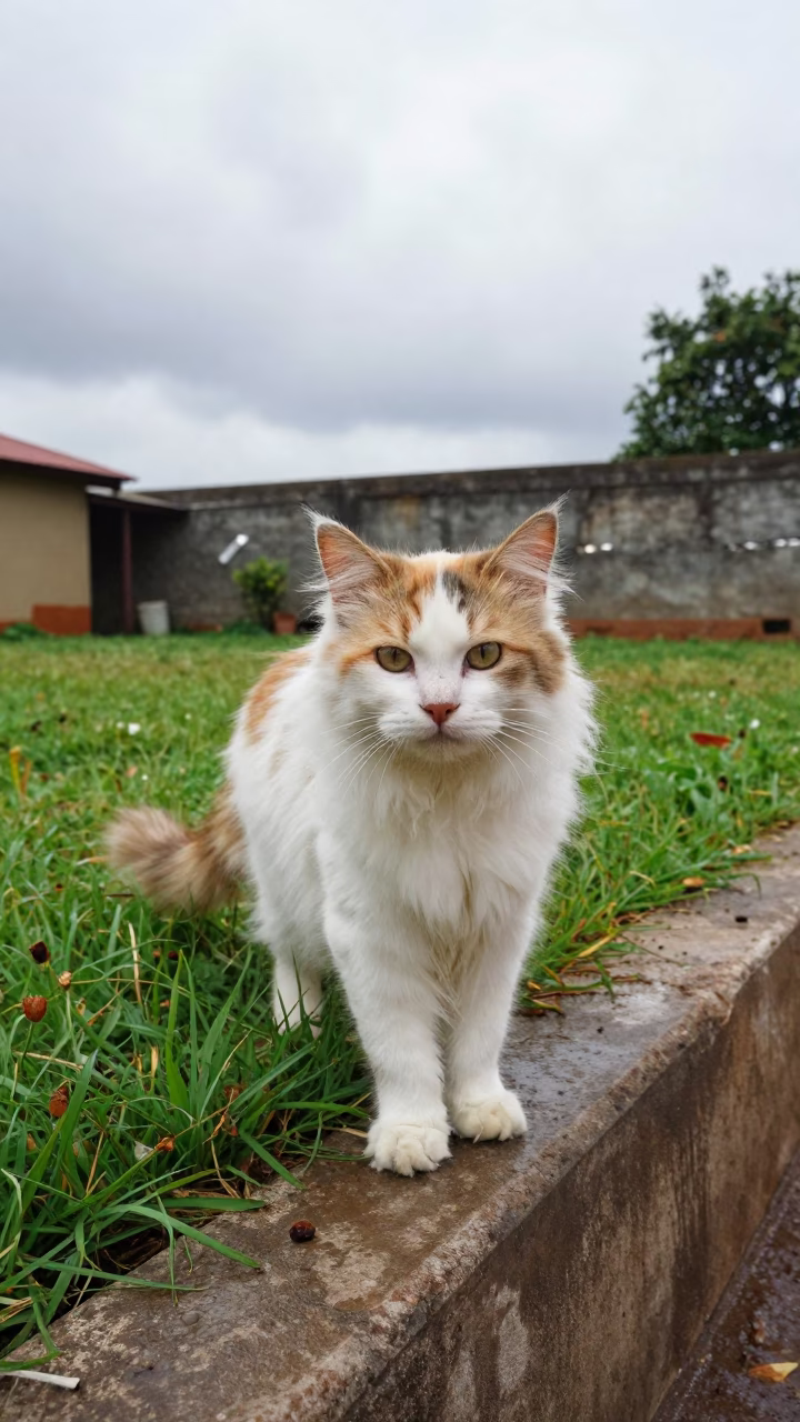 Selkirk Rex Longhair Cat Portrait in Benin City Yard in in a small yard with clipped grass, calm light, and the animal centered in frame in Benin City