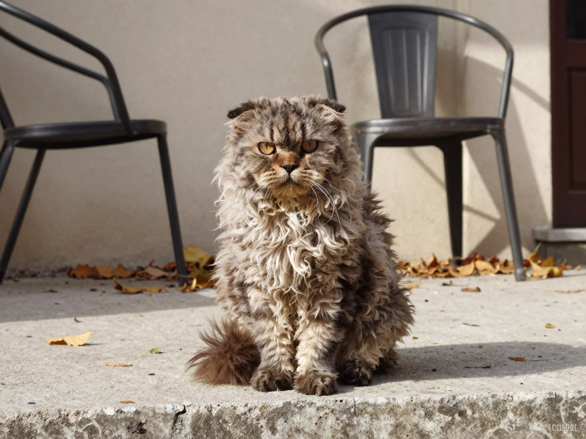 Selkirk Rex Longhair Cat Portrait in Raqqa Courtyard in beside a plain courtyard wall in clear daylight with the animal at eye level in Raqqa