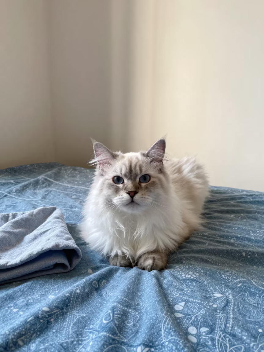 Selkirk Rex Longhair Cat Resting on Bedspread in on a bedspread near a bright window with calm indoor light in Lombok