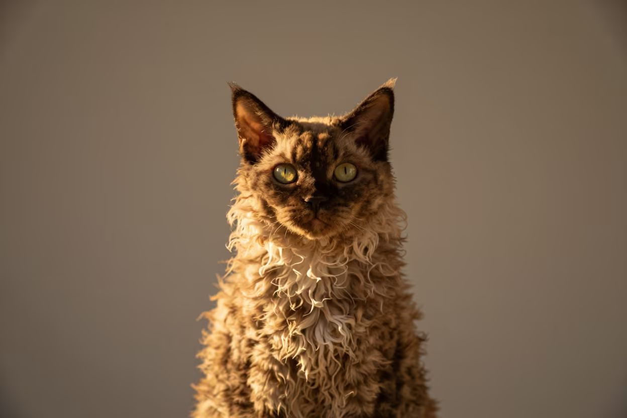 Selkirk Rex Longhair Portrait at Sunset in in a quiet portrait studio with a plain backdrop and eye-level framing near Mayarí