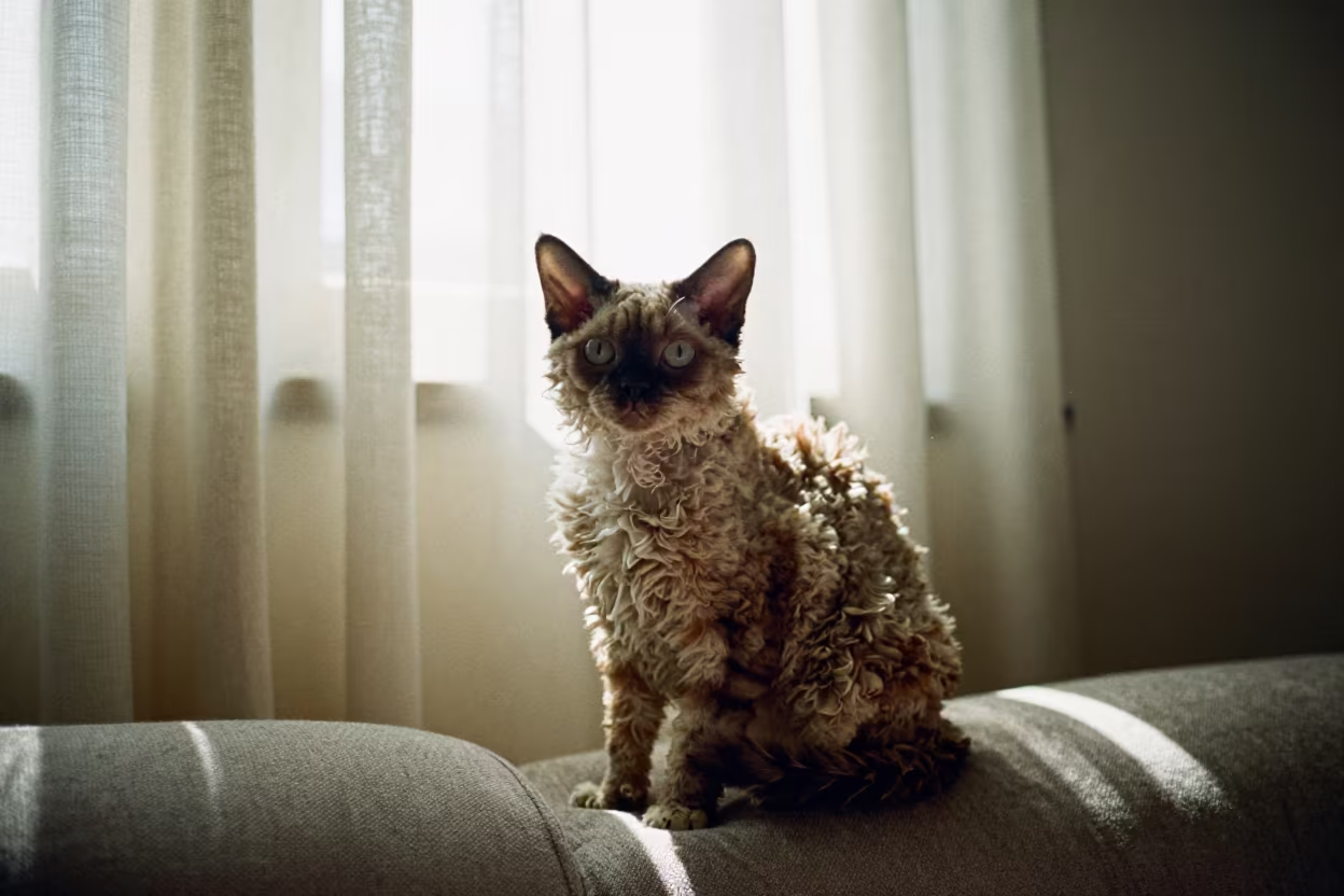 Selkirk Rex Longhair Portrait on Autumn Sofa in on a sofa near a curtained window with calm indoor light in 10th of Ramadan