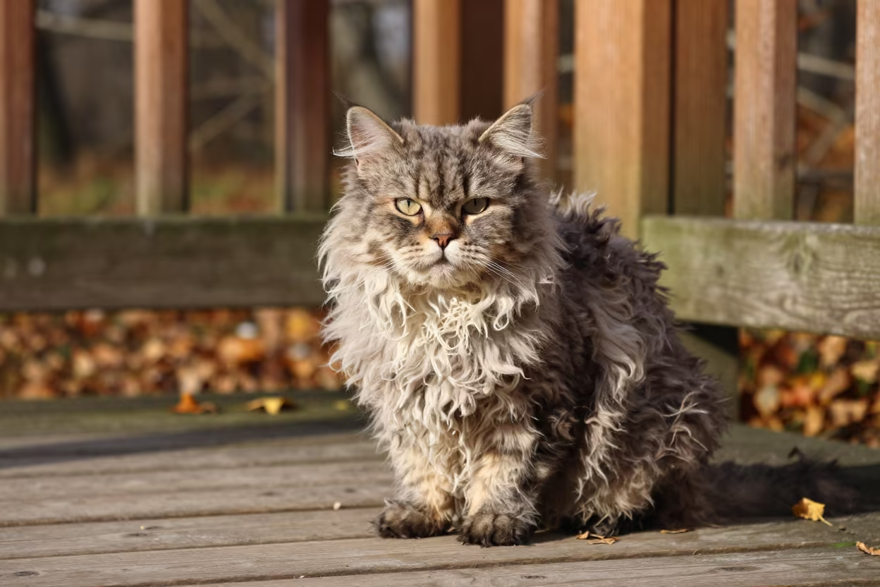 Selkirk Rex Longhair Portrait on Szczecin Porch in on a shaded front porch with boards, railings, and eye-level framing in Szczecin