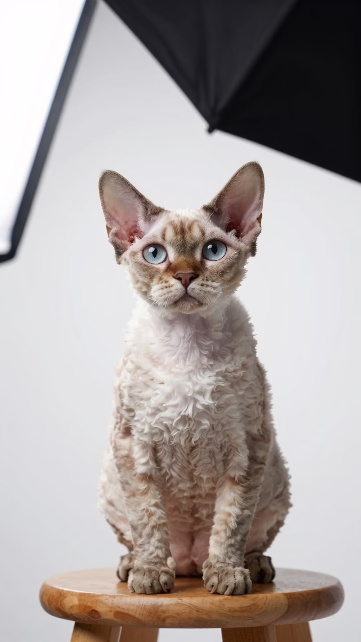 Selkirk Rex Portrait in Douala Studio in in a quiet portrait studio with a plain backdrop and eye-level framing in Douala