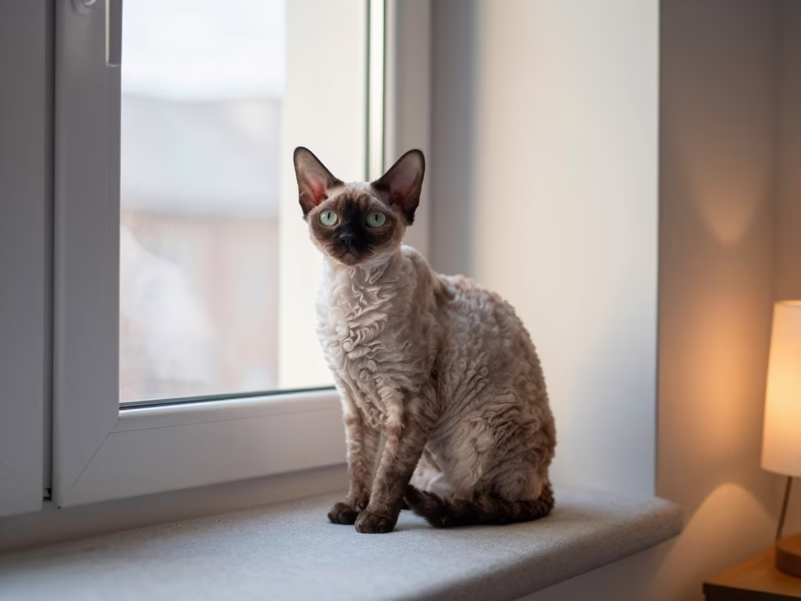 Selkirk Rex Portrait with Curled Coat on Window Seat in on a cushioned window seat with soft side light and an uncluttered background in Thies