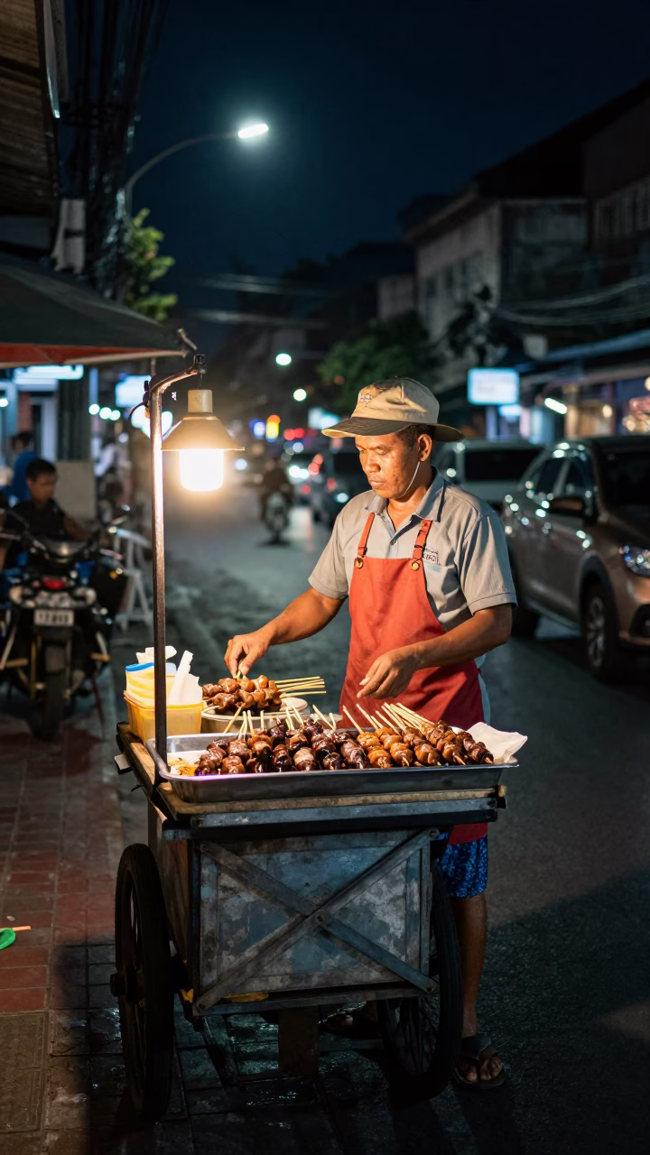 Selling Anticuchos in Bangkok at The Deepest Night Sky Light in in Bangkok, Thailand