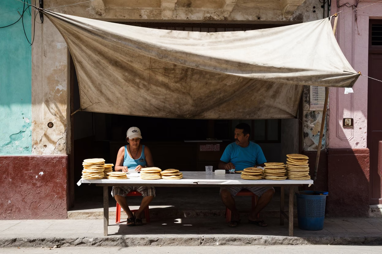 Selling Arepas in Havana at The Flat Glare Of Noon Light in in Havana, Cuba