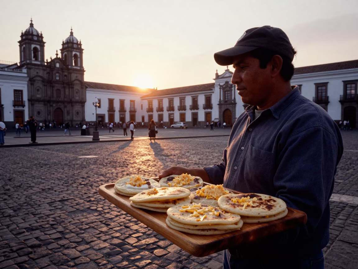 Selling Arepas in Quito at As The Sun Drops Toward The Horizon in in Quito, Ecuador
