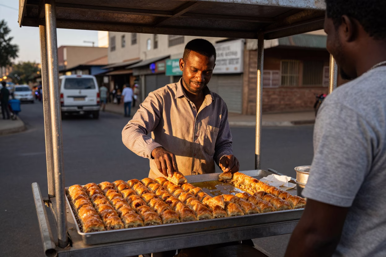 Selling Baklava in Johannesburg at Copper-toned Light Before Dusk in in Johannesburg, South Africa