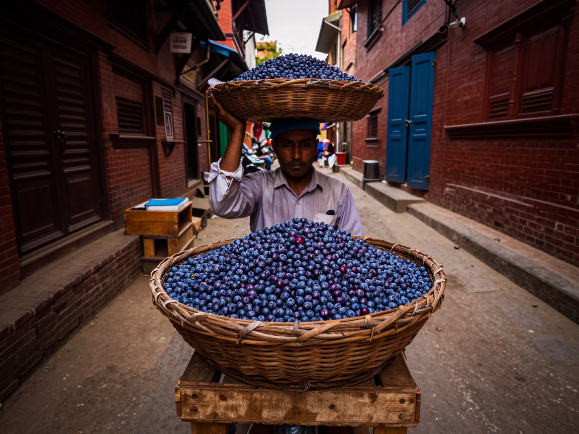 Selling Blueberries in Kathmandu in in Kathmandu, Nepal