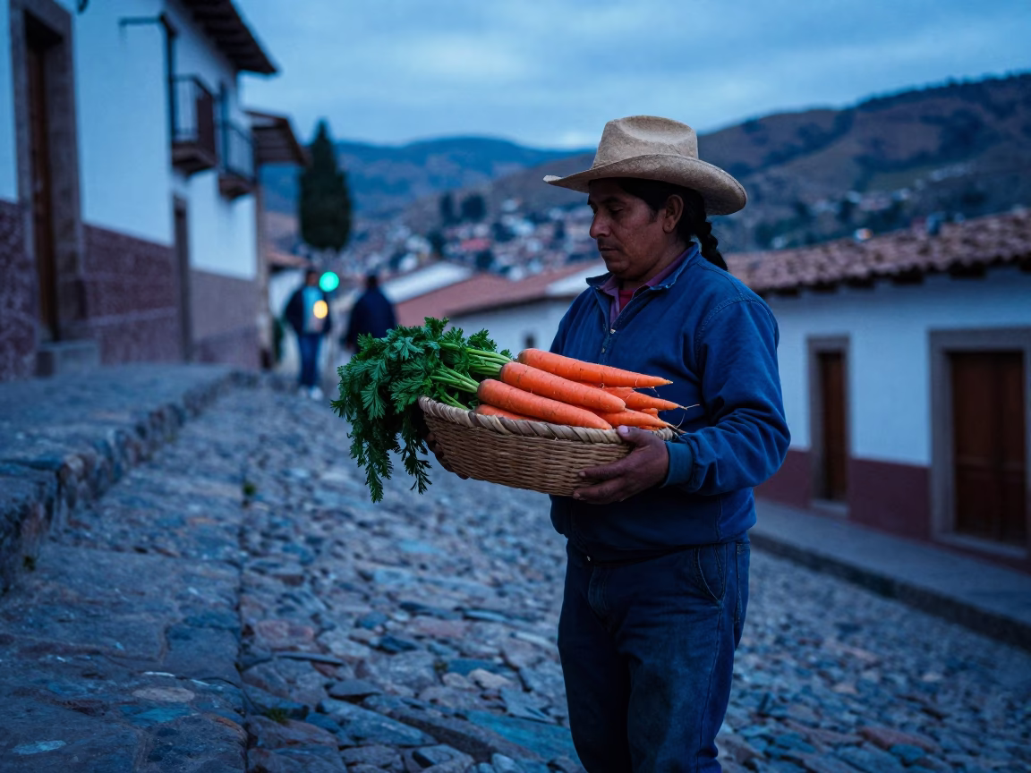 Selling Carrots at The Last Blue Light Of Evening in La Paz in in La Paz, Bolivia