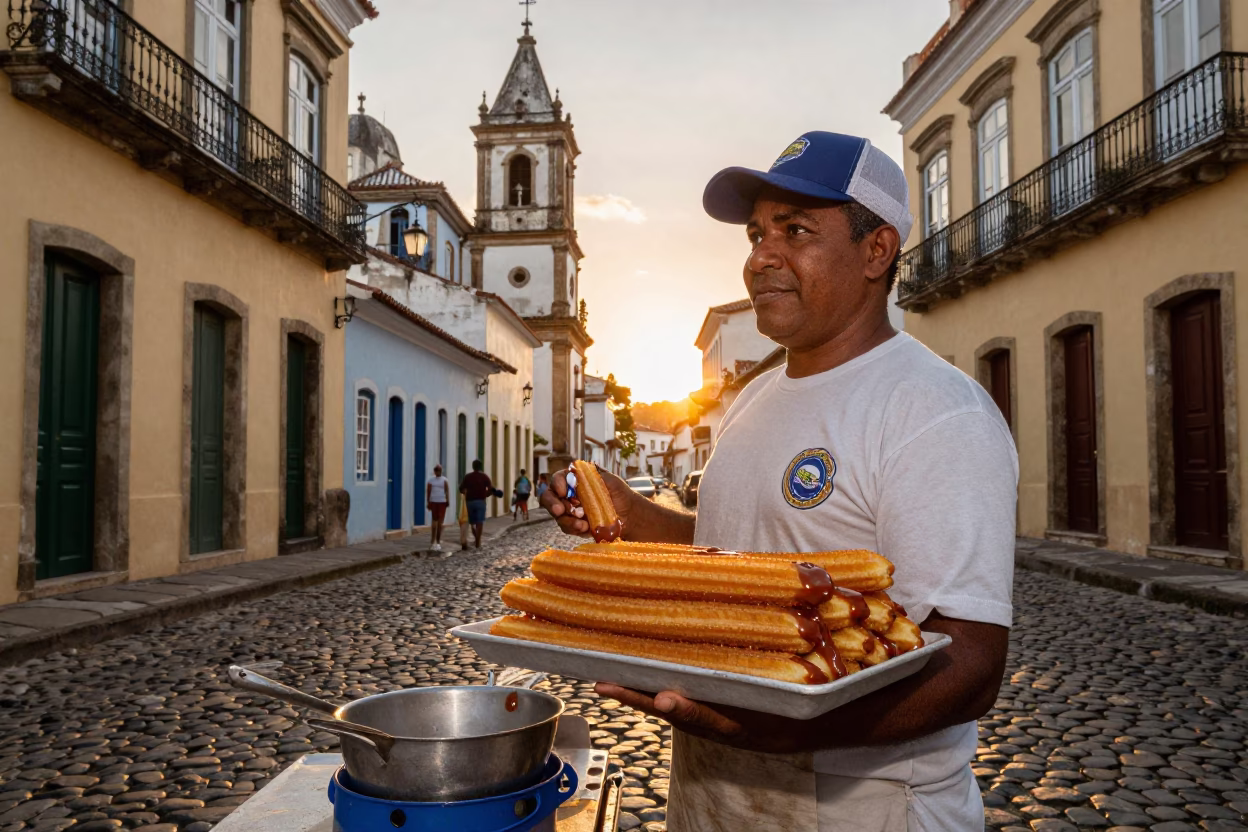 Selling Churros in Salvador at Sunset Light in in Salvador, Brazil