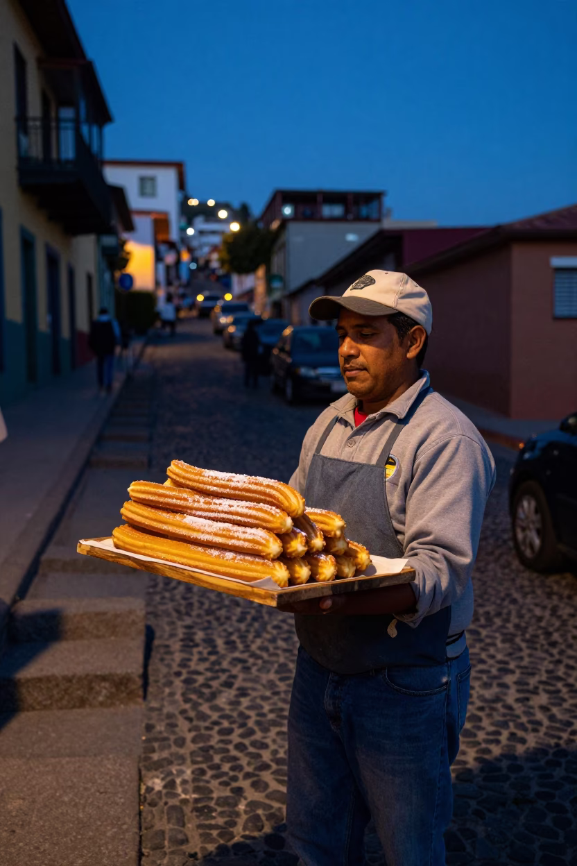 Selling Churros in Valparaiso at Twilight in in Valparaiso, Chile