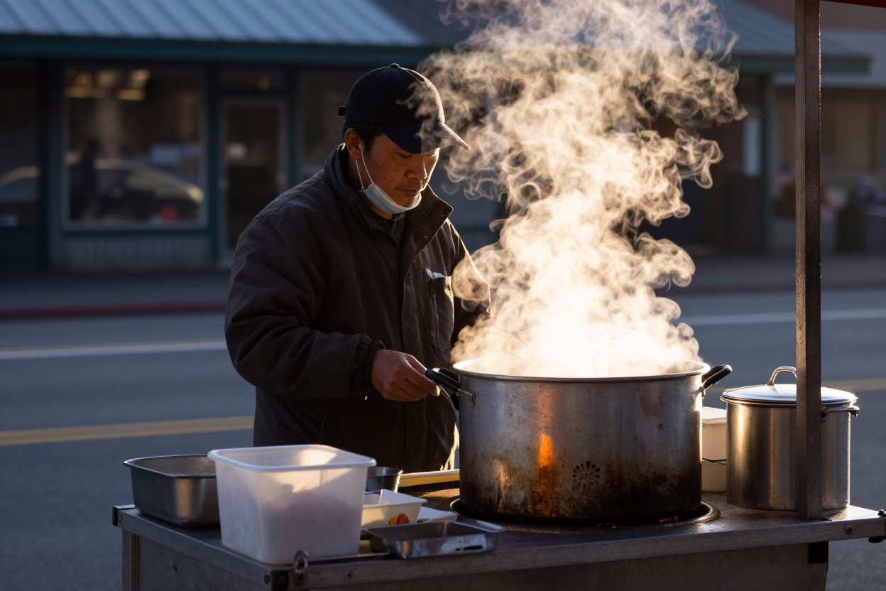 Selling Congee just after sunrise in Portland in in Portland, Oregon, United States
