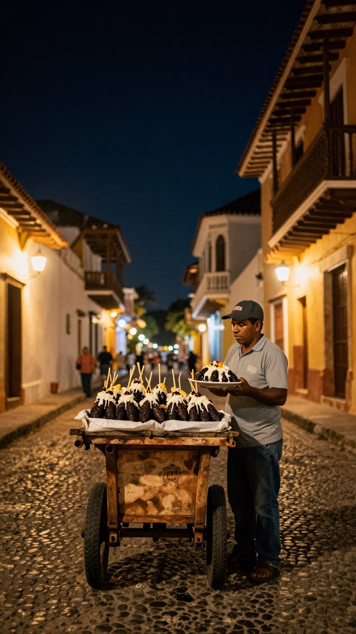 Selling Elote in Cartagena at The Deepest Night Sky Light in in Cartagena, Colombia