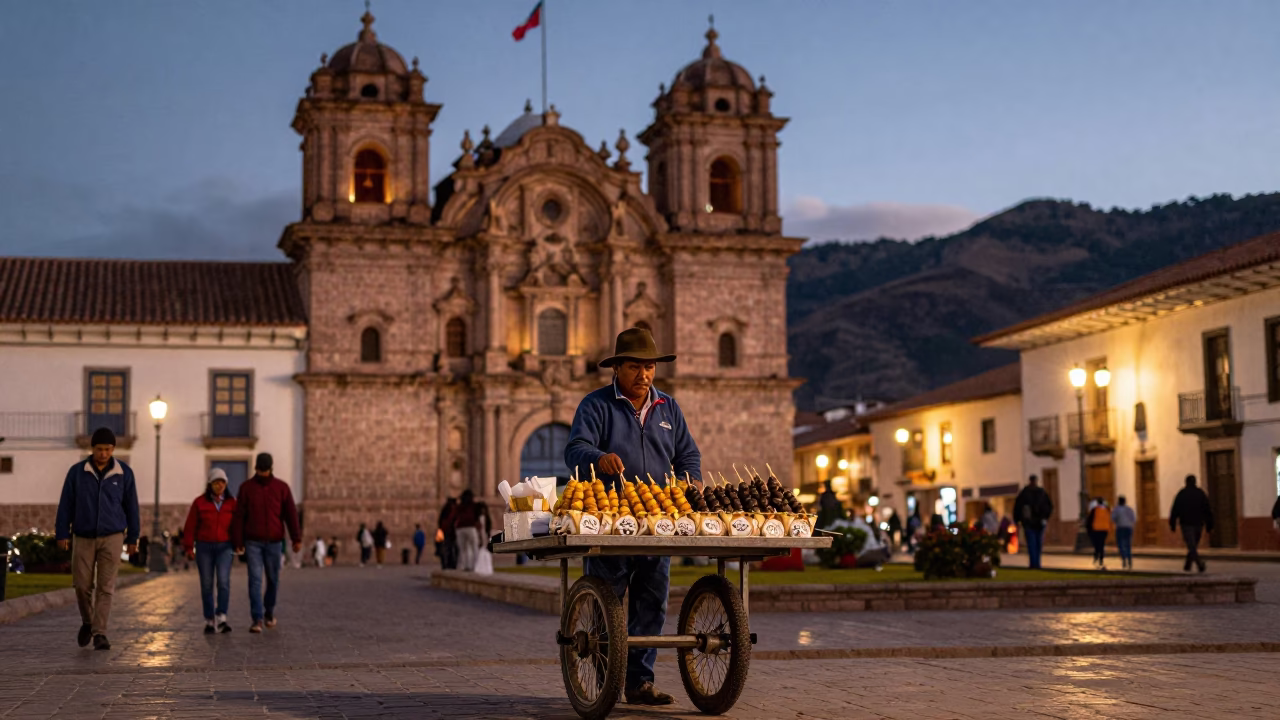 Selling Elote in Cusco at As City Lights Begin To Glow in in Cusco, Peru