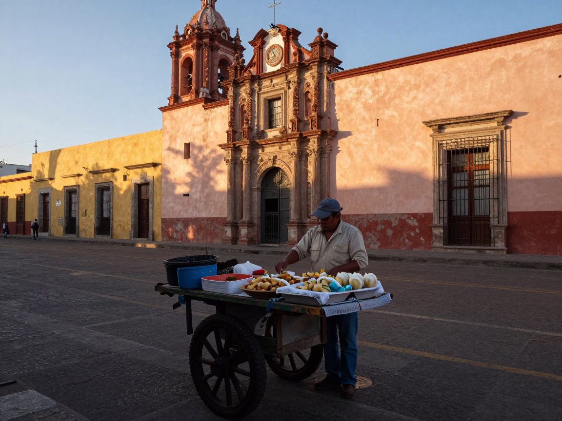 Selling Elote in Oaxaca at The Early Morning Light in in Oaxaca, Mexico