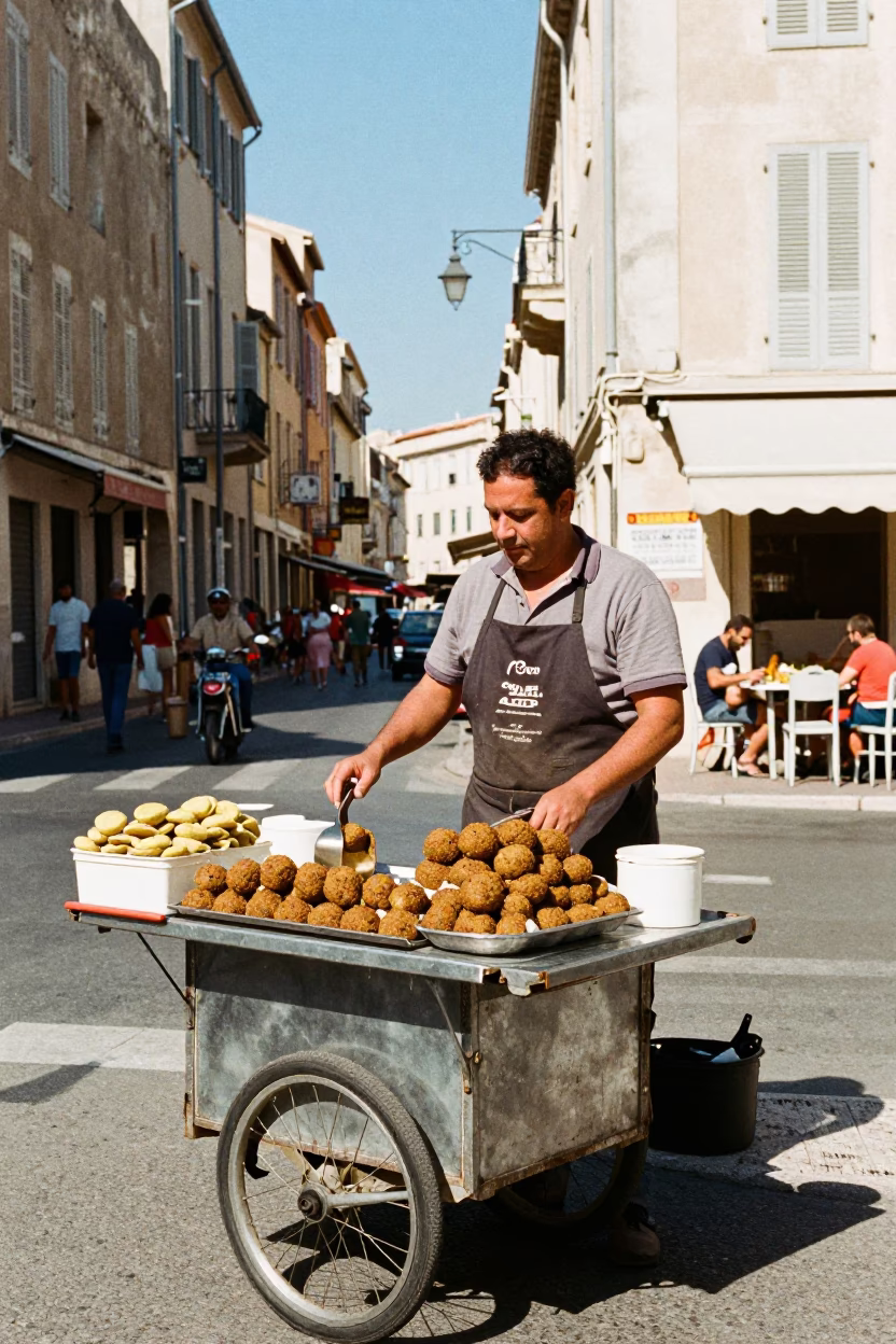 Selling Falafel in Marseille at The Flat Glare Of Noon Light in in Marseille, France