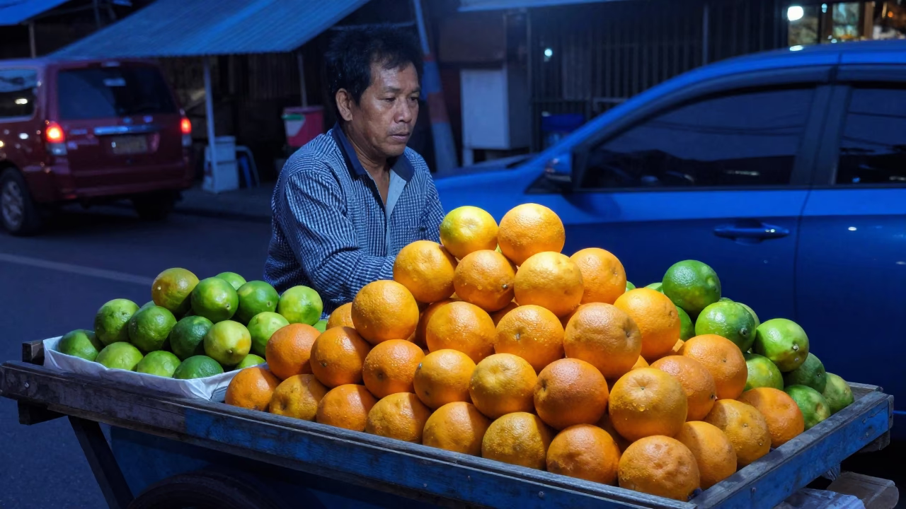 Selling Fruit at The Last Blue Light Of Evening in Bangkok in in Bangkok, Thailand