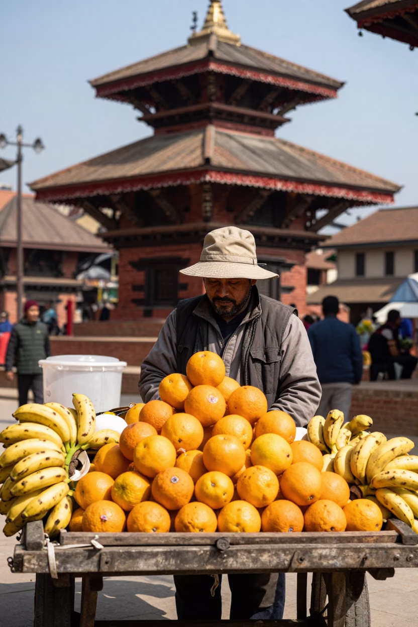 Selling Fruit in Kathmandu at The Flat Glare Of Noon Light in in Kathmandu, Nepal