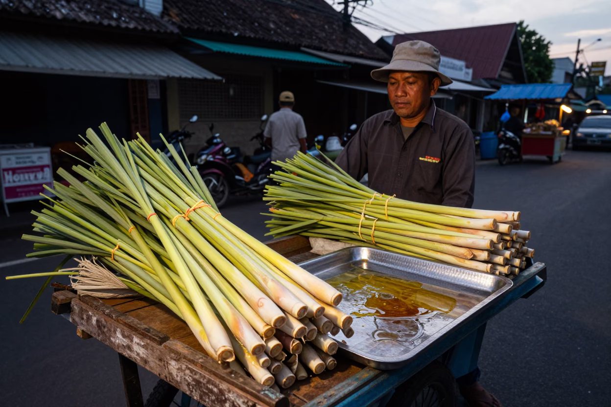 Selling Lemongrass in Surabaya at Honeyed Evening Light in in Surabaya, Indonesia