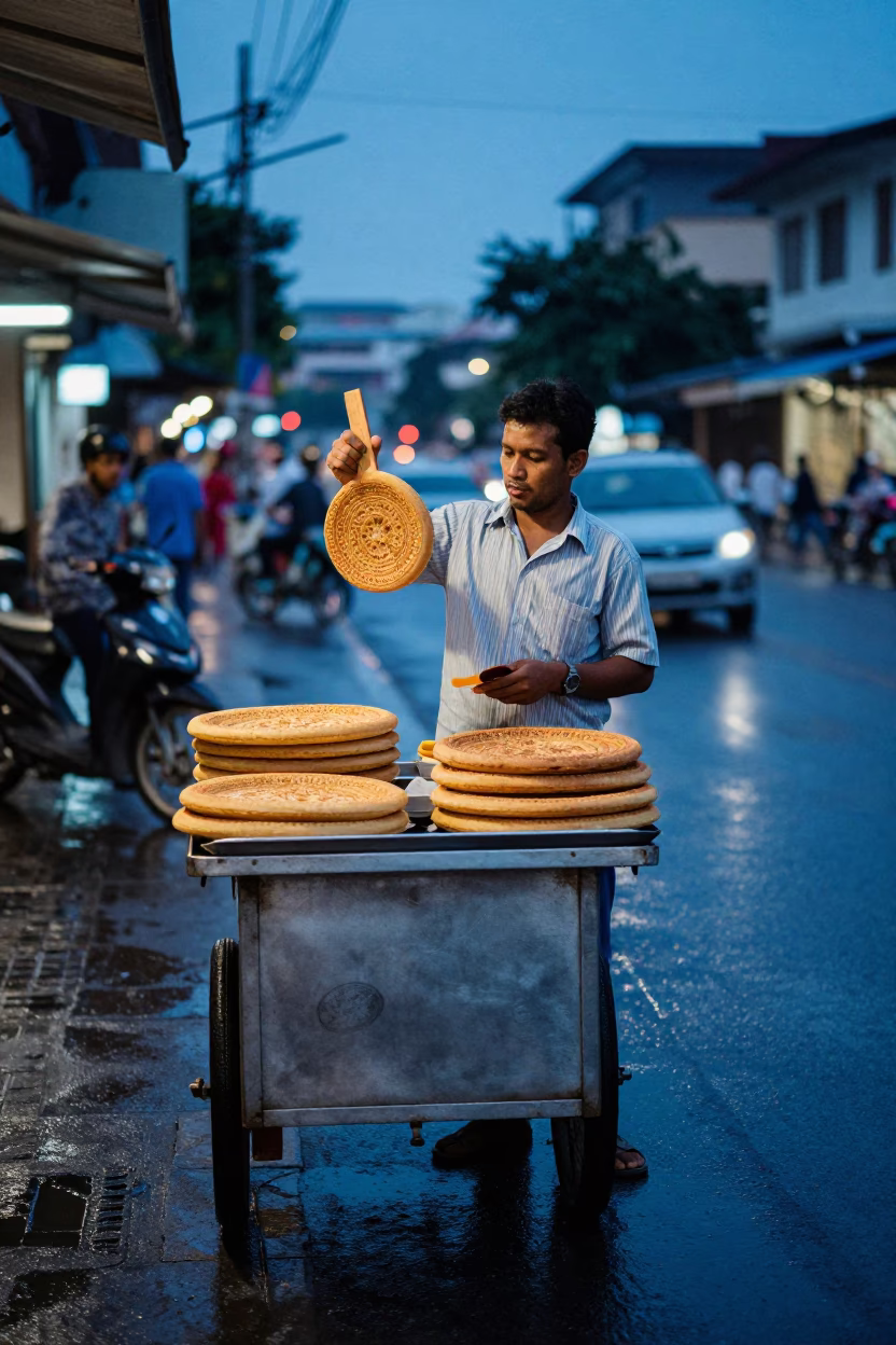 Selling Manakeesh in Phnom Penh at Twilight in in Phnom Penh, Cambodia