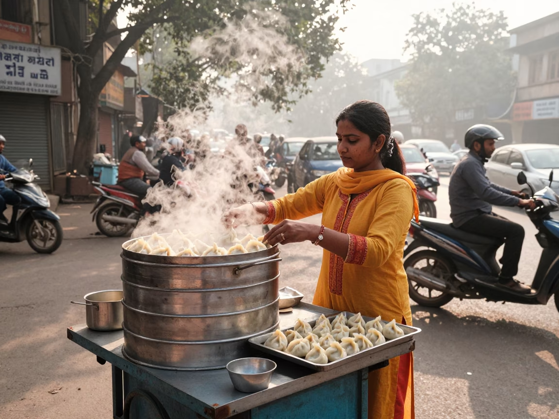 Selling Momos in Delhi at As First Light Reaches The Scene in in Delhi, India
